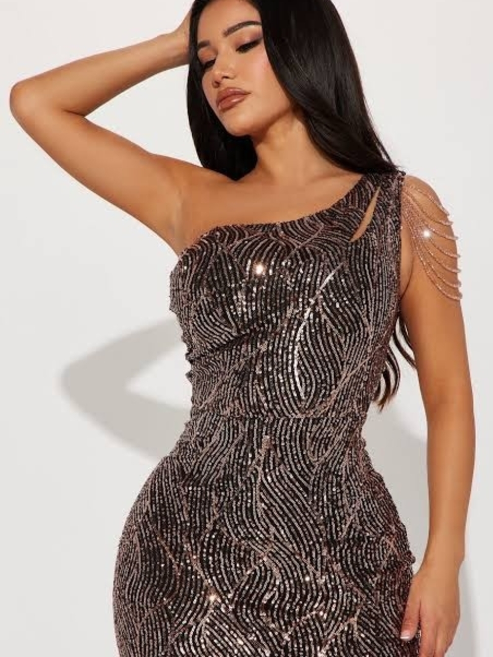 Fashion Nova Rose Gold Sequin One-Shoulder Dress - Picture 3 of 4